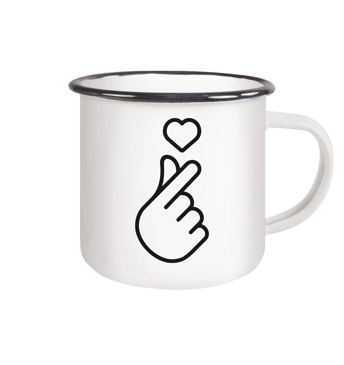 Finger Herz mit Herz - Emaille Tasse (Black)