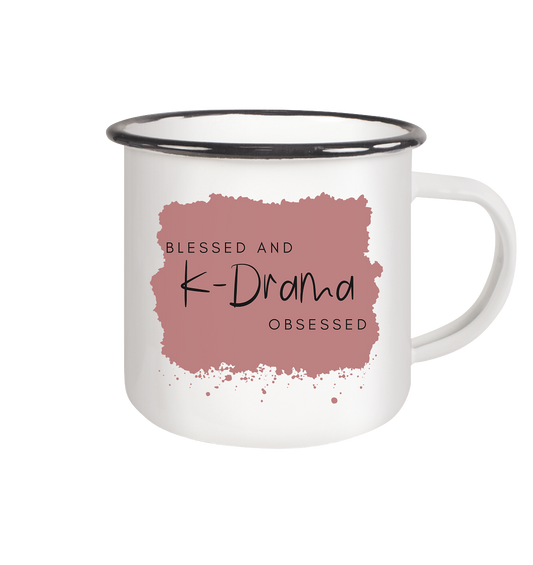 BLESSED AND K-DRAMA OBSESSED - Emaille Tasse (Black)