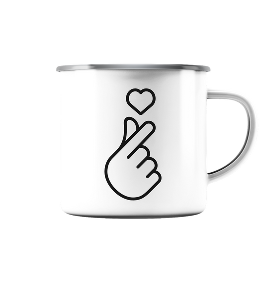 Finger Herz mit Herz - Emaille Tasse (Silber)