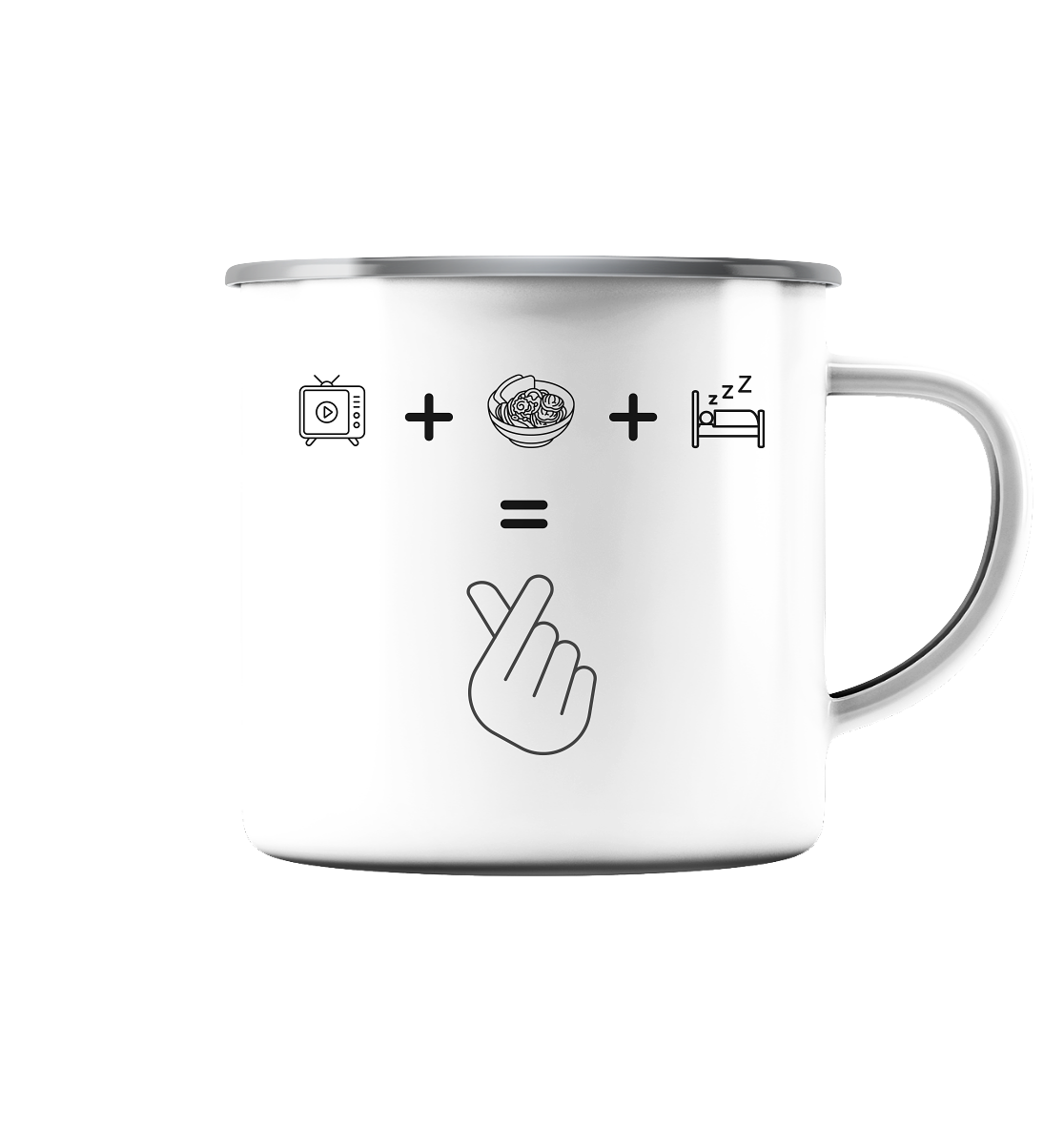 K-Drama, Ramen, Sleep, Finger Herz - Emaille Tasse (Silber)