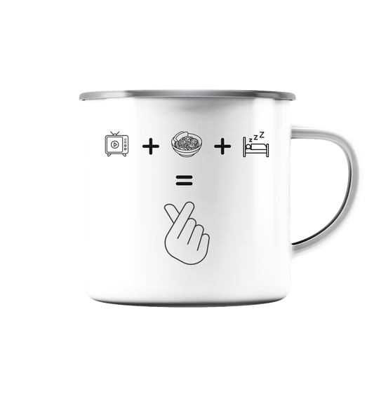 K-Drama, Ramen, Sleep, Finger Herz - Emaille Tasse (Silber)